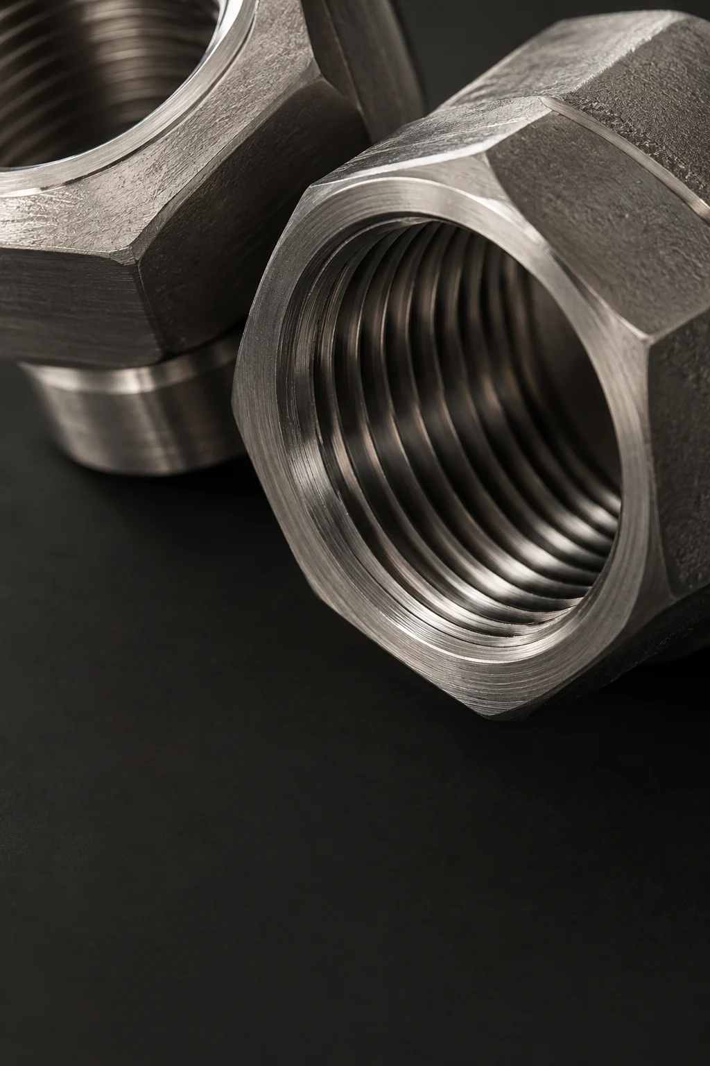 Illustrative close-up of threads and machining texture on a stainless steel fitting