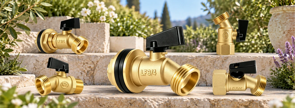 Classic black-handle brass garden hose valves with different connection types