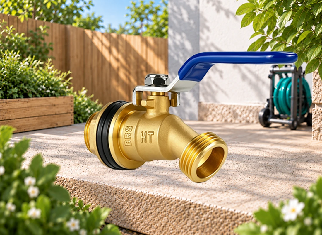 Illustration of a brass garden hose valve with a blue lever handle in a garden setting